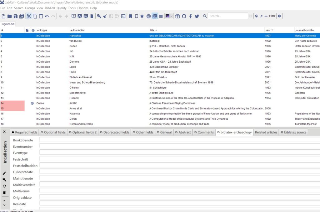 JabRef screenshot "entry editor with biblatex-archaeology tab"