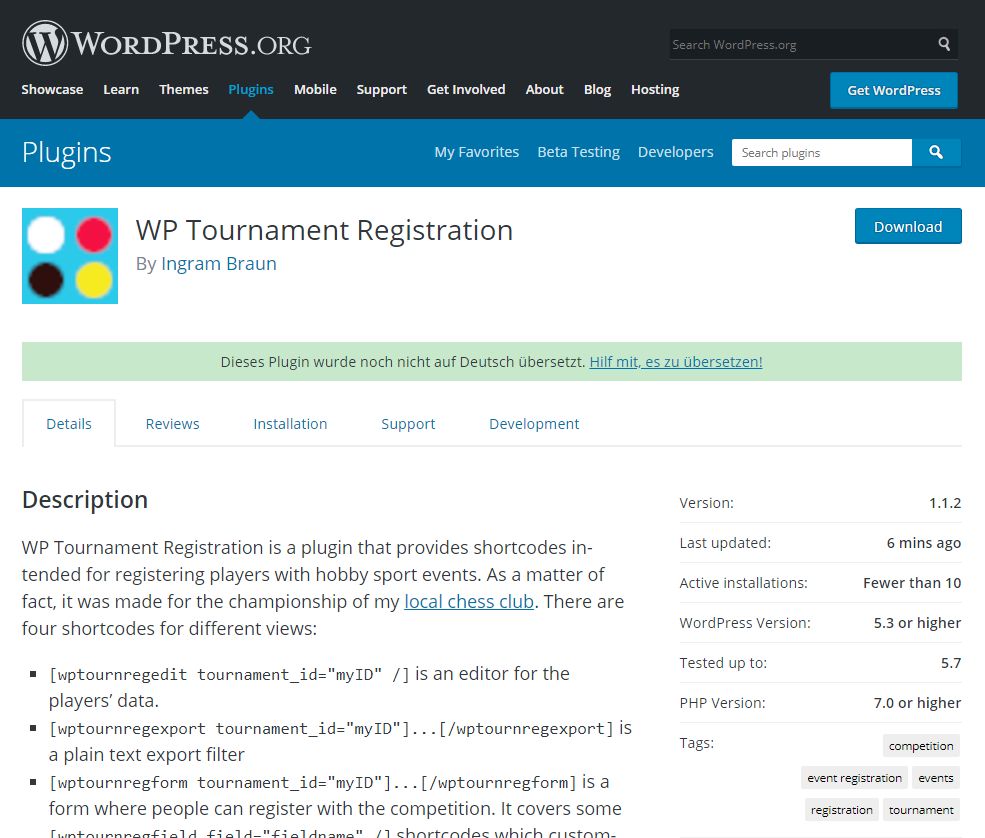 screenshot WP Tournament Registration 1.1.2 plugin page