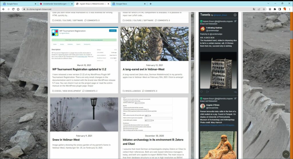 A screenshot of my webpage showing the widget of the plugin “Easy Twitter Feeds” in action (12/25/2022)