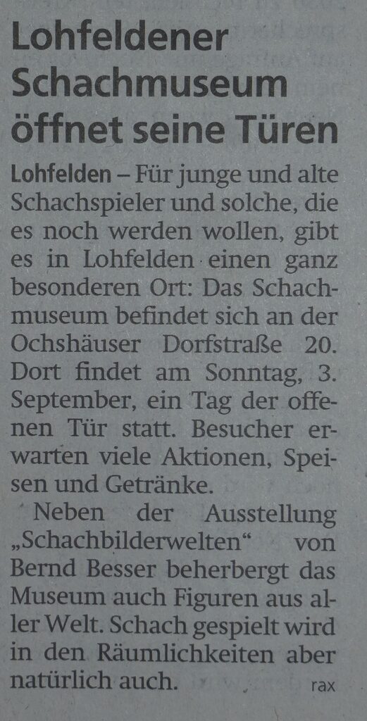 HNA vom 31. 7. 2023, Terminmeldung Tag der offenen Tür im Schachmuseum Lohfelden