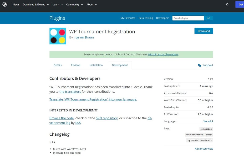 Screenshot of WordPress plugin page “WP Tournament Registration” v1.2a August 8th, 2023.