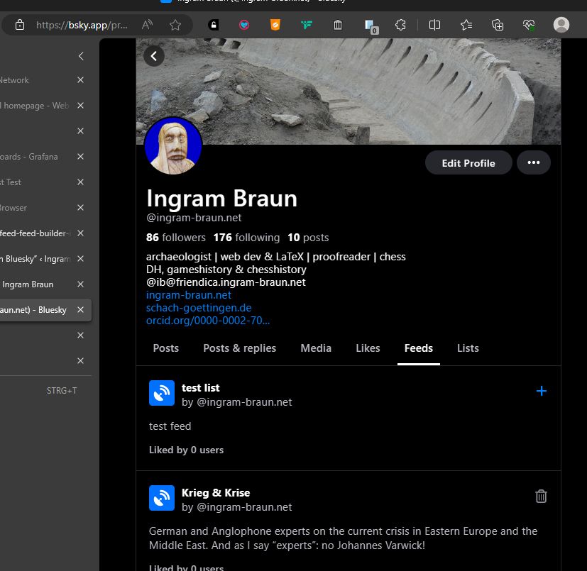 Screenshot Bluesky profile with feeds October 26, 2023