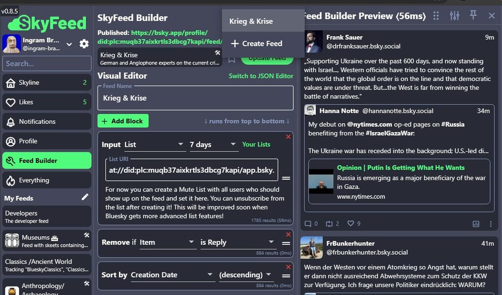 Screenshot SkyFeed Feed Builder October 26, 2023