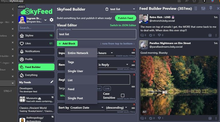 Screenshot Skyfeed Feed Builder data input October 26, 2023