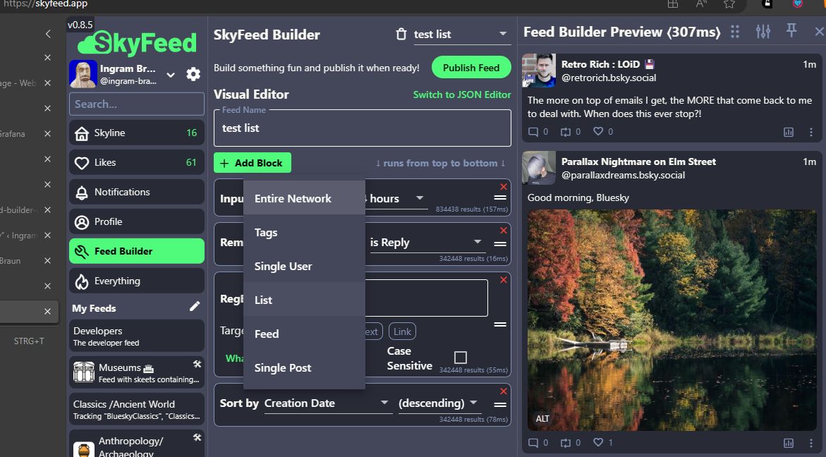 Screenshot Skyfeed Feed Builder data input October 26, 2023