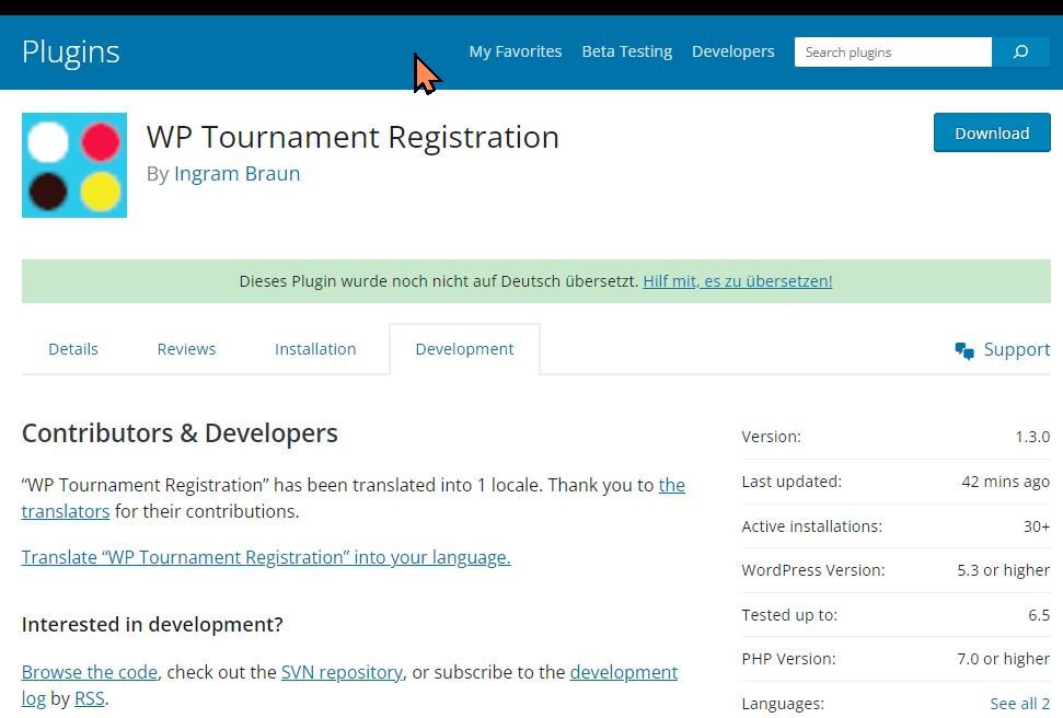 Screenshot WP-Tournament-Registration 1.3.0 plugin site on wordpress.com on 9th of April, 2024